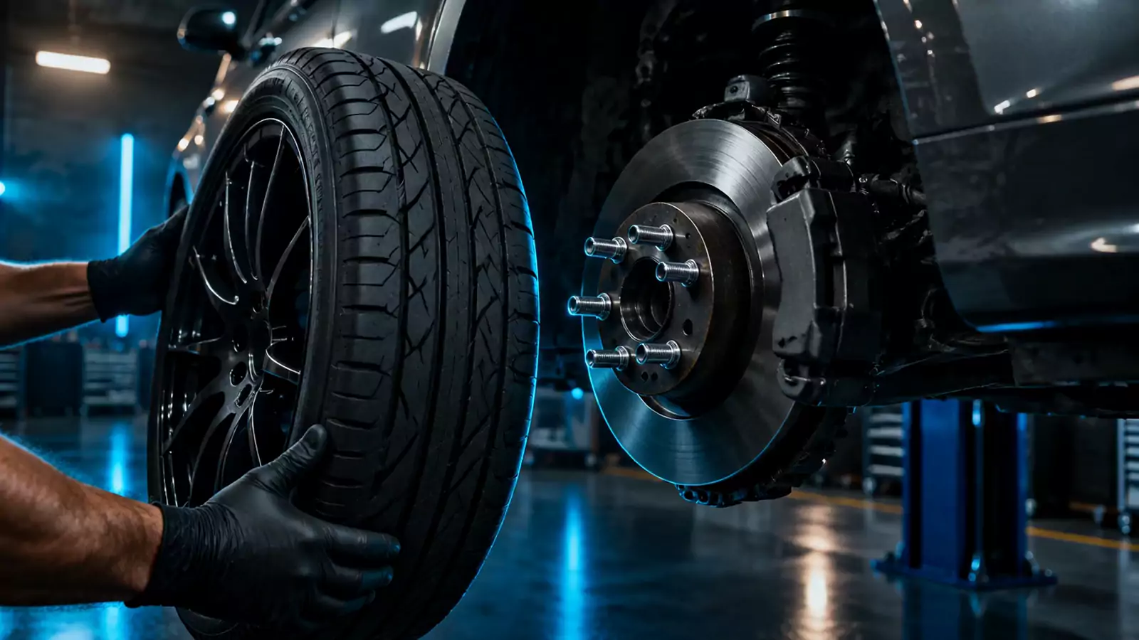 A new tire being lined up with a wheel hub in the service bay